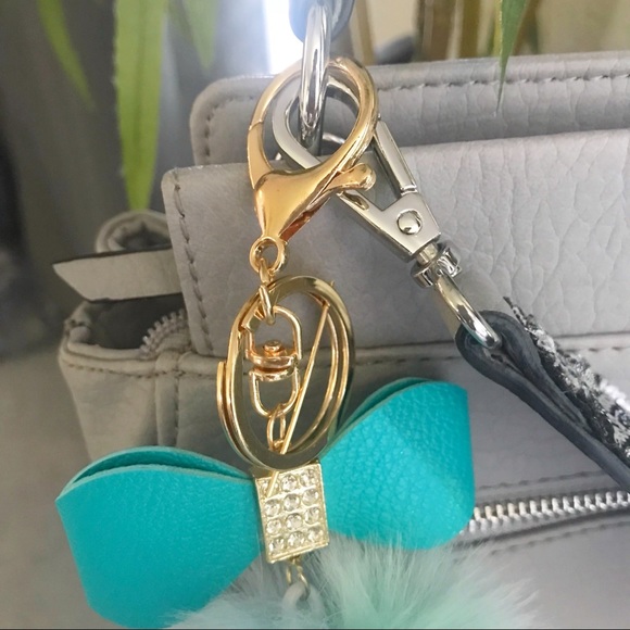 Turquoise Blue/Green Fur Pom Pom Keyring/Charm - Picture 5 of 6
